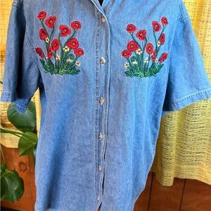 Vintage America Blue Denim Button-Down Shirt with Red Floral Embroidery Poppy S